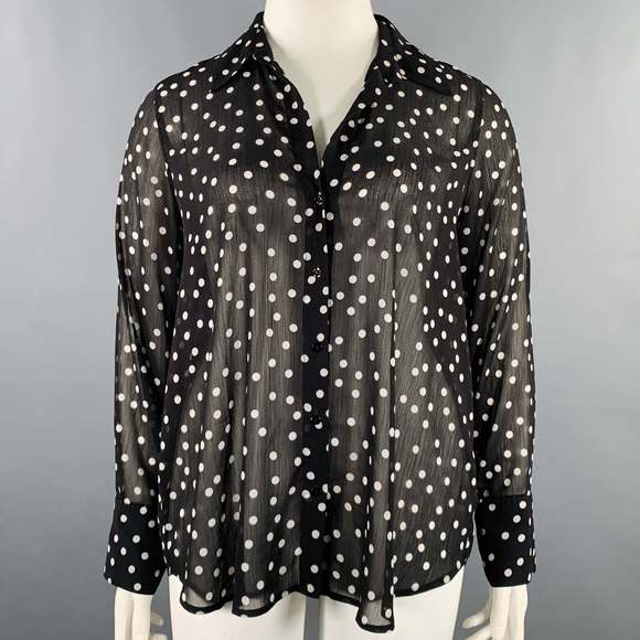 L'AGENCE Tops - L'AGENCE Black White Polyester Polka Dot Open Collar Shirt